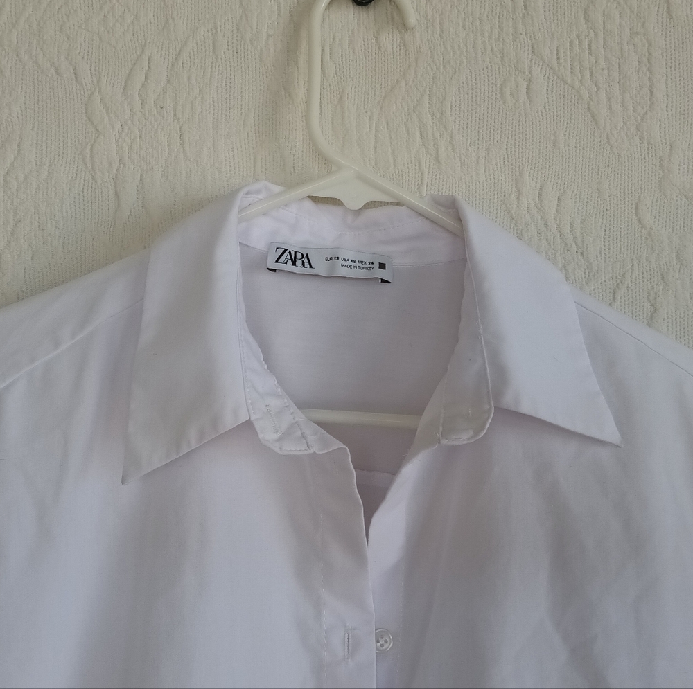 Zara White Button-Up Shirt Navy Stripe Sleeve Detail Oversized Billowy Beach - Picture 3 of 13